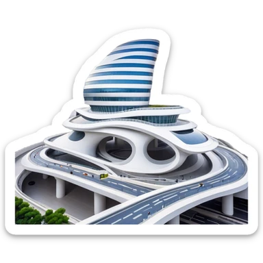 Realistic Dongdaemun Design Plaza (DDP) Landmark Emoji, featuring the iconic curving silver structure with futuristic architecture, illuminated pathways, and a sleek modern design set against the Seoul cityscape. sticker