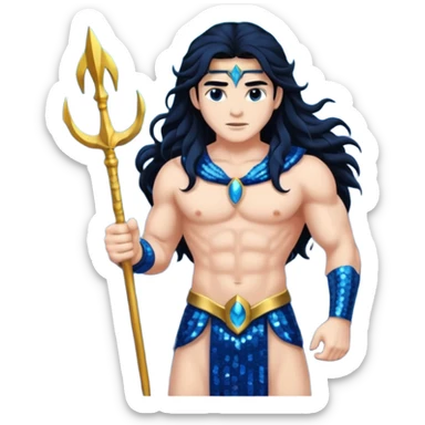 Neptune, God of the Sea from Gods and Goddesses with long black hair, dark blue sequin outfit sticker