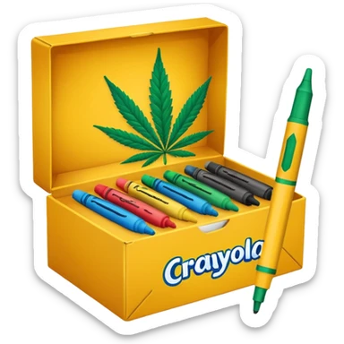 a box of crayola permanent markers with cannabis leaf sticker