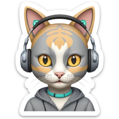 a grey cat wearing headphones and there is a sims logo over her head sticker