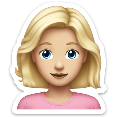 Blonde hair, blue eyes girl Age 13 hair just reaching her shoulders Wearing a pink top  sticker