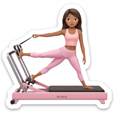 a girl doing reformer pilates, she is wearing a pastel pink fit and she has dark straight and loose hair.  sticker