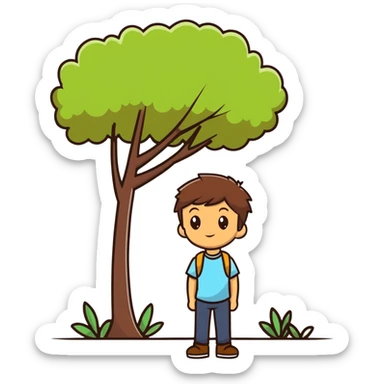 boy with brunette hair brown eyes and tree behind sticker