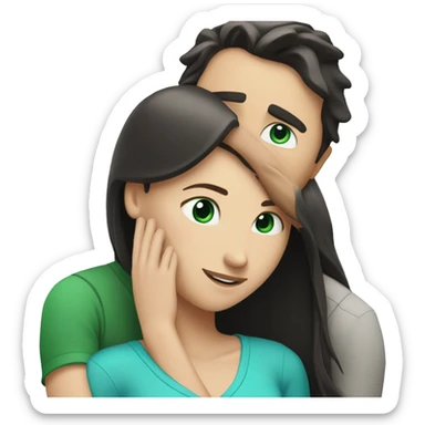 White man with blue eyes and BROWN hair hugging white woman with long straight black hair and green eyes sticker