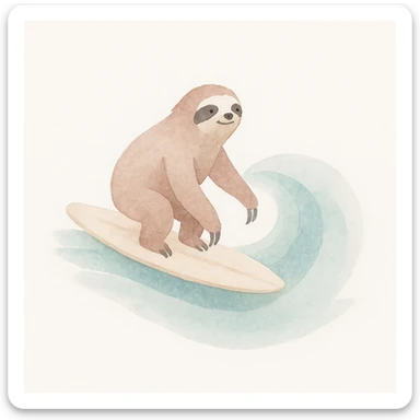 a sloth surfing, watercolor art style sticker