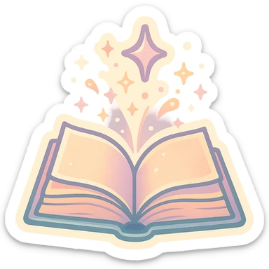 open book with magic, stars, glow, magical sparks, retro stickers style, pastel palette #98B5BC, #B5B3C1, #C9A3C9, #E4C0CA, #F7DCD1, #F7C0AA, detailed shadows and highlights, soft lighting, transparent background, no decorative elements sticker