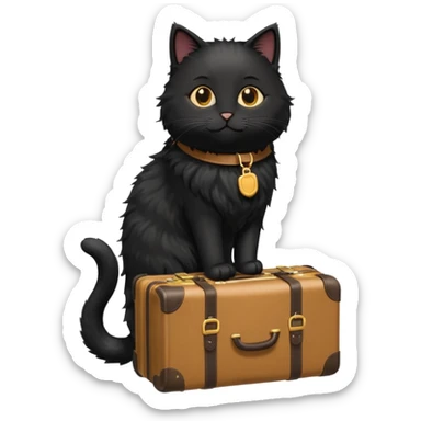 Black fluffy cat carrying suitcase in sunny place sticker