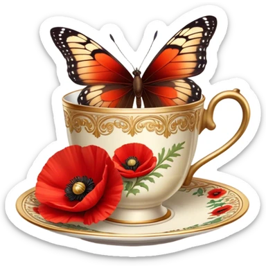 A warm-toned still life featuring a delicate brown butterfly resting near a red poppy flower and an ornate gold coffee cup. The composition exudes a vintage charm, bathed in soft golden light. sticker