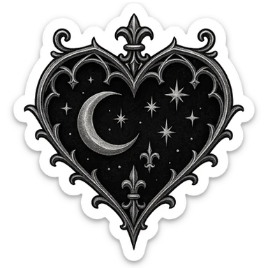 gothic style heart with a moon and stars, black and silver colors, transparent background sticker