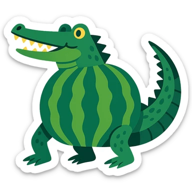 stylized crocodile with a green striped watermelon body, realistic crocodile tail and legs, fun and whimsical style sticker