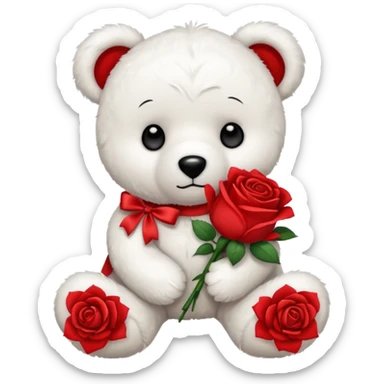 Cute white teddy bear with sad puppy dog eyes holding roses  sticker