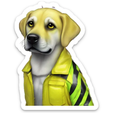 .Zombie_ Vaporwave black holographic oilslick zombie yellow Labrador zombie dog yellow caution tape graffiti stripes yellow and black stripes sticker