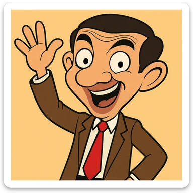 Happy Mr. Bean waving, cartoon style, vibrant and expressive character with clear joyful expression, colorful and lively illustration. sticker