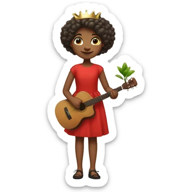 a girl who is a bit short with medium hair wearing a red frock with a potted plant in her one hand , paint brush in the other . musical notes all over . she should have a crown on her head  sticker