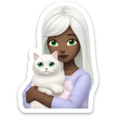 girl with very long black hair and green eyes and light pink outfit hugging a white scottish fold long hair blue eyes cat  sticker
