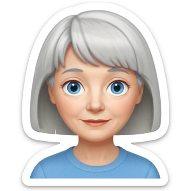 friendly older woman, gray hair with bangs and short hair, large light blue eyes, fair skin with subtle age lines, Apple Memoji style, digital, clean, soft edges, not caricature sticker