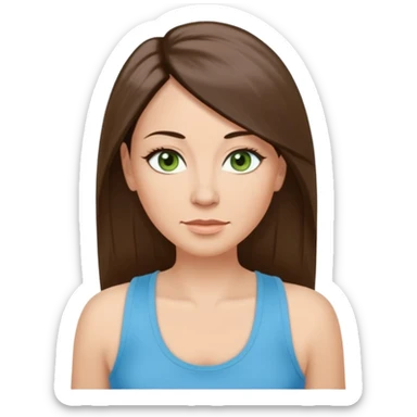 43 year old Adult woman avatar, light skin tone, long, oval face, long straight ashy brown hair, green almond-shaped eyes with dramatic eyelashes and minimal eyeliner, neutral mouth, medium straight eyebrows, small nose, smooth skin, sky blue tank top sticker