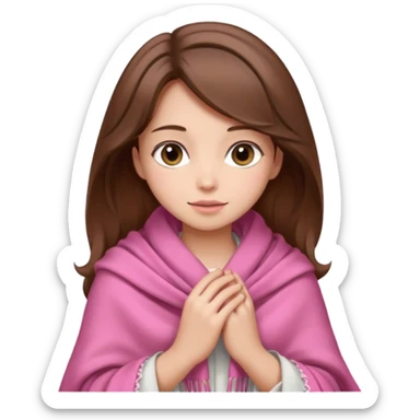A girl with brown hair, wearing a pink shawl, has beautiful features and her hand rests on the shawl. sticker