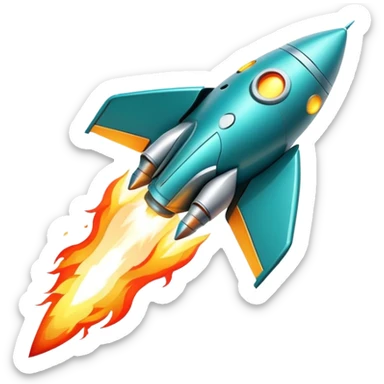 robotic teal spaceship launching to the right with rocket flames sticker