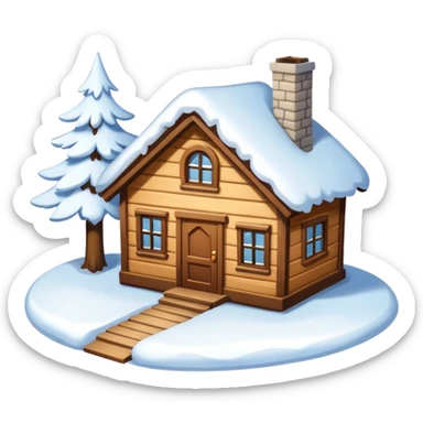 small house viewed directly from the front, with lots of snow sticker