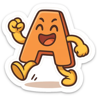 letter A in comic style with arms and legs, making a funny movement, bright colors, transparent background sticker