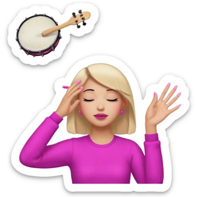 Yellow circle emoji sighing and drumming fingers up the side of their head the eye is closed it is a side profile pink lipstick and pink nails sticker