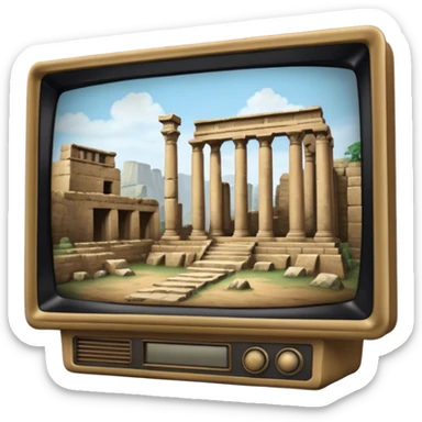 Icon for Documentary Film (TV style): A large TV screen with a host presenting in front of video footage showing ancient ruins. The design should evoke a vintage TV broadcast with historical content, complete with a clear view of the host and the ruins behind. Transparent background. sticker