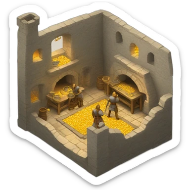 open floor plan of a medieval mint showing different people working, one person on the furnace, some people molding liquid gold into coins sticker