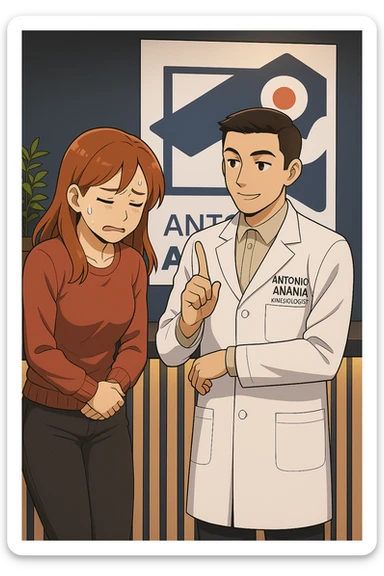 su questo stile fai un manga/webtoon a colori in cui una donna PREOCCUPATA FA UNA DOMANDA ALL'UOMO, l'uomo della foto in stile manga LE DICE DI "NO" CON IL DITO, mantieni un ambiente simile alla foto che ho allegato con il suo logo (sarebbe il suo studio, lui è un kinesiologo), scrivigli "ANTONIO ANANIA" sul camice bianco, non mettere fumetti, ma fai in modo che sembri che la donna CHIEDA ALLARMATA E L'UOMO LA TRANQUILLIZZI sticker