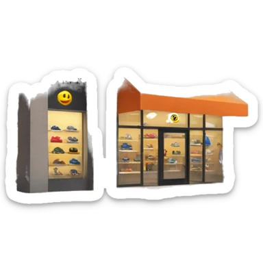 “Sports store exterior with a sleek design, large windows displaying athletic gear, bold signage, and an inviting entrance with modern doors.” sticker