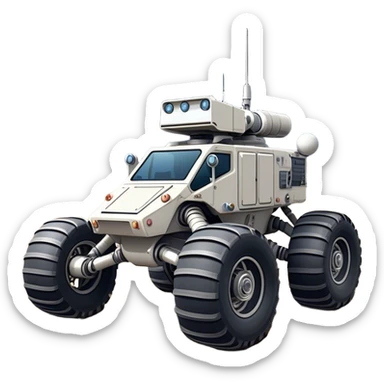Cinematic Realistic Moon Rover – A rugged, high-tech vehicle traversing the Moon’s dusty surface. Its thick wheels leave tracks in the fine lunar regolith, with Earth hanging in the distant sky. Every mechanical detail of the rover is meticulously rendered, emphasizing its role in human exploration. sticker