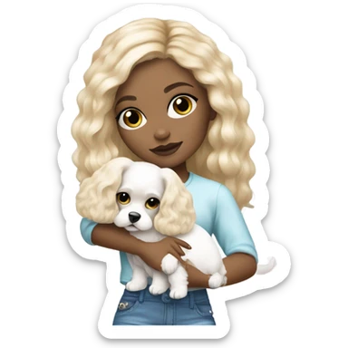 Cute long haired Blonde and blue-eyed girl fashion nightclub outfit and holding white cavachon dog sticker