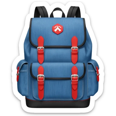 a blue denim backpack with a flap top, two vertical *black buckle straps* on the front. The backpack has two side pockets and a soft square shape. at front pocket bottom side, red and white two divided logo like tommy hilfiger 

 sticker