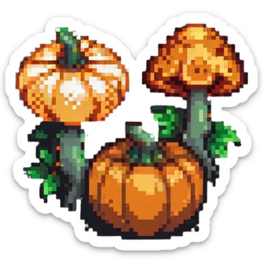 heart with a mushroom on one side and a pumpkin on the other, pixel art style sticker