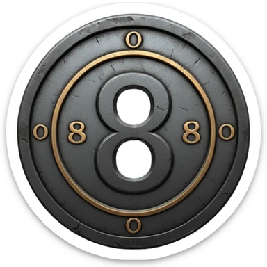 Minimal emoji, gothic metal coin made of black steel, engraved number 8 at the center, ancient industrial aesthetic, worn metal texture, no glow, no neon, flat emoji design, centered, transparent background sticker