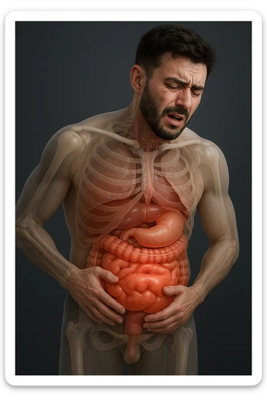 Uomo con dolore per via del suo gonfiore addominale vista anatomica immagine realistica in 3D sticker