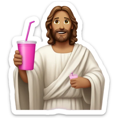 Jesus in a gown holding a pink tumbler with a lid and straw sticker