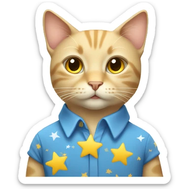 Beige cat wearing a Blue shirt with white stars and yellow sticker