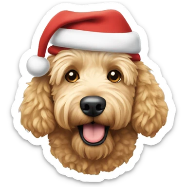 A golden doodle dog wearing a Santa hat sticker
