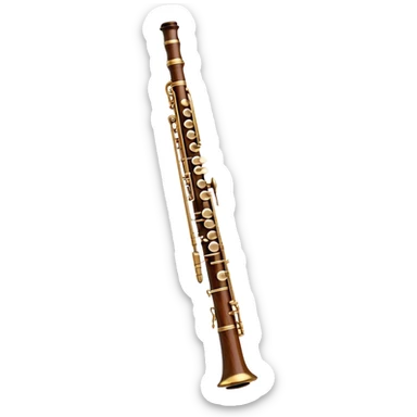 Create a detailed and elegant emoji representing an oboe. The design should feature the slender, cylindrical body of the oboe, with intricate keywork visible along its length. The top should showcase the small, delicate reed typical of the instrument. Use rich wooden tones, with accents of silver or brass on the keys to reflect the high-quality craftsmanship of the oboe. Add subtle musical notes surrounding the instrument to symbolize its expressive, melodic sound. The background should be transparent. sticker
