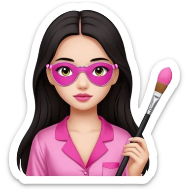 Dark long hair girl wearing pink victorias secret sleepwear is holding a makeup brush she also has eye patches white sticker