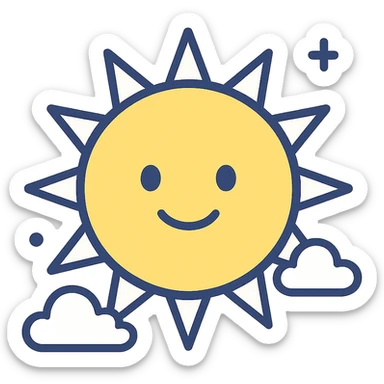 cheerful yellow sun with a smiling face, clean modern illustration style sticker