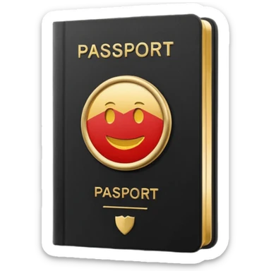 Minimal emoji icon of a black passport, matte cover, simple gold emblem, clean lighting sticker