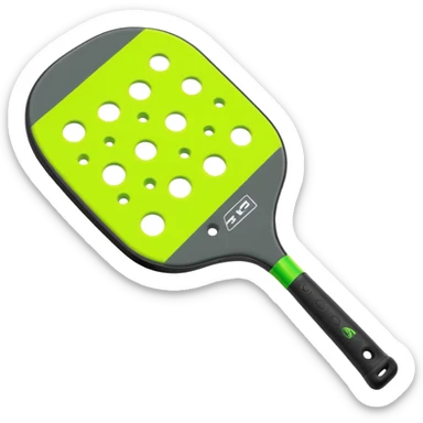 Modern Pickleball paddle graphite without holes, dark grey. 1 ball beside or on top the paddle florescent green at 45 degrees sticker