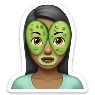 A girl wearing a mask with cucumbers on her eyes sticker