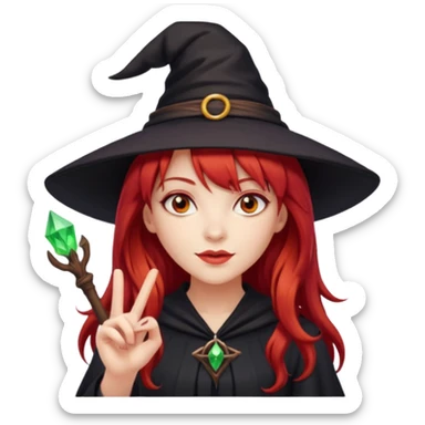 a witchy girl with long red hair and bangs holding a lucky sign sticker