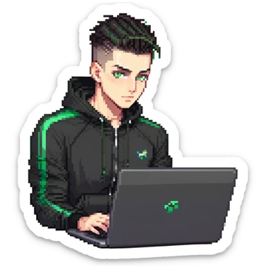 male with dark hair, high fade haircut, high slick back hairstyle, green eyes, wearing a black tracksuit, coding on black laptop sticker