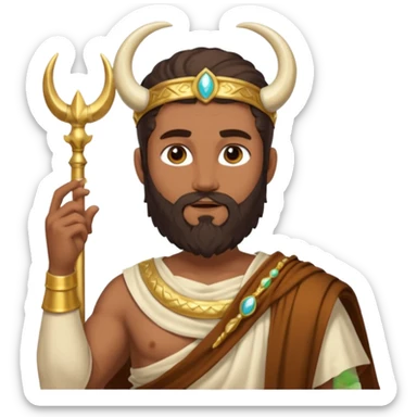 Faunus, God from Nature Roman Deities with long dark brown hair and beard, tan sequin toga, ivory horn sticker