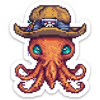 pixel art octopus with a large pirate hat and eye patch sticker