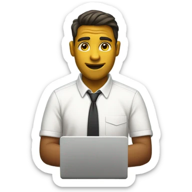yellow skin man typing on keyboard wearing white button down shirt seating on desk front view sticker